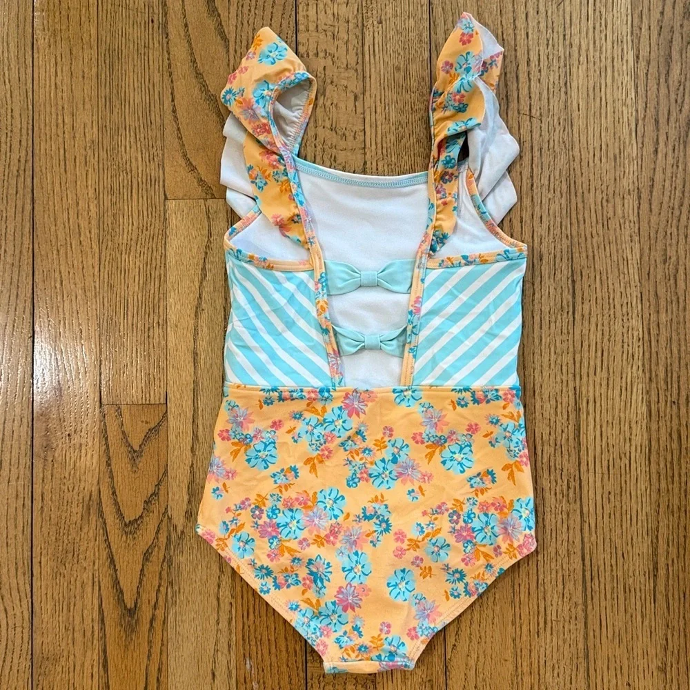 Ruffle Butts Floral Stripe Ruffle Kids Swimsuit size 6 years